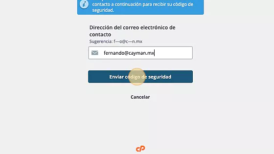 Pantalla de envío de código de seguridad