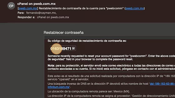 Pantalla de ingreso de código de seguridad